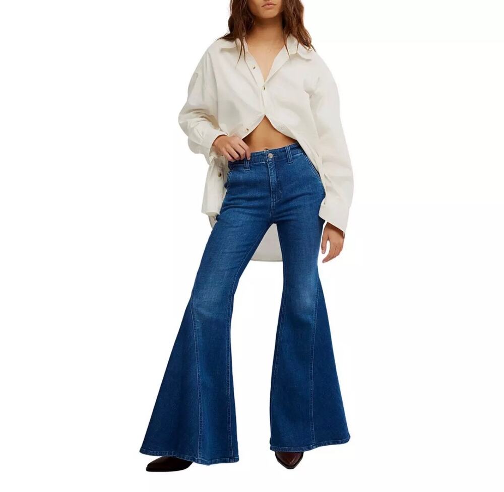 Free People We The Free Womens 29 Blue Marque Flare Jeans Boho Festival